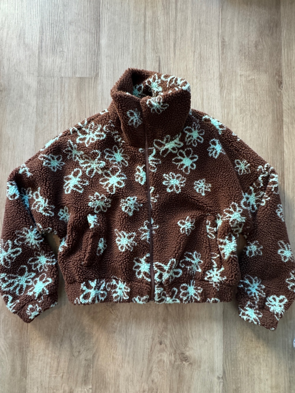 Cider Cropped Brown Sherpa Zip-Up Jacket with Mint Floral Print Sz S